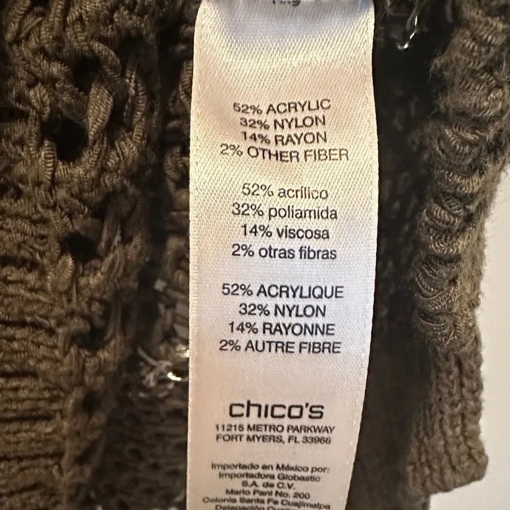 Chico's Dark Olive Green and Silver V-Neck Open Knit Sweater 3/4 Sleeve Size 1 - Picture 5 of 5